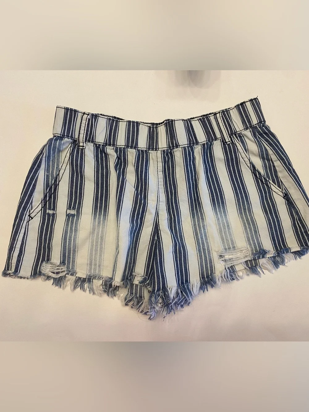 Rewash Navy & White Vertical Stripe Frayed-Hem Jean Shorts